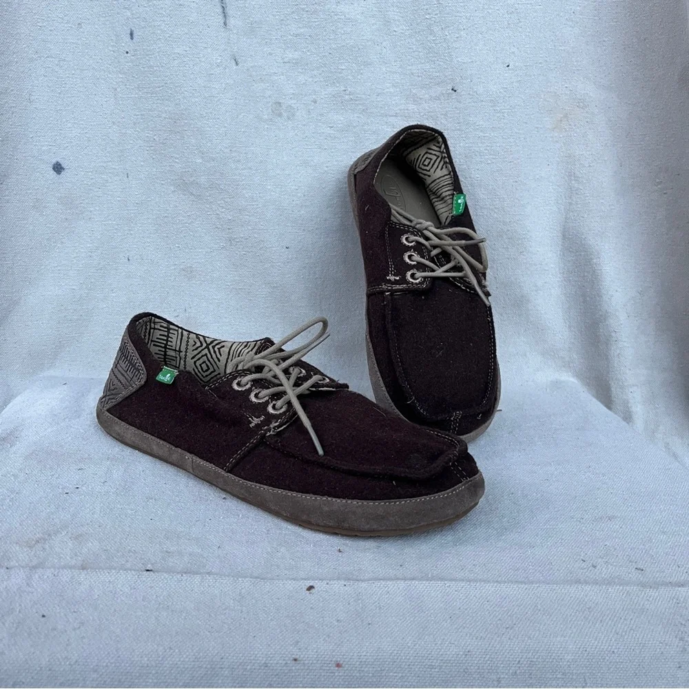 EUC Sanuk Mainsteez Men's Boat Shoes Brown Wool Suede Textile Casual Slip Ons